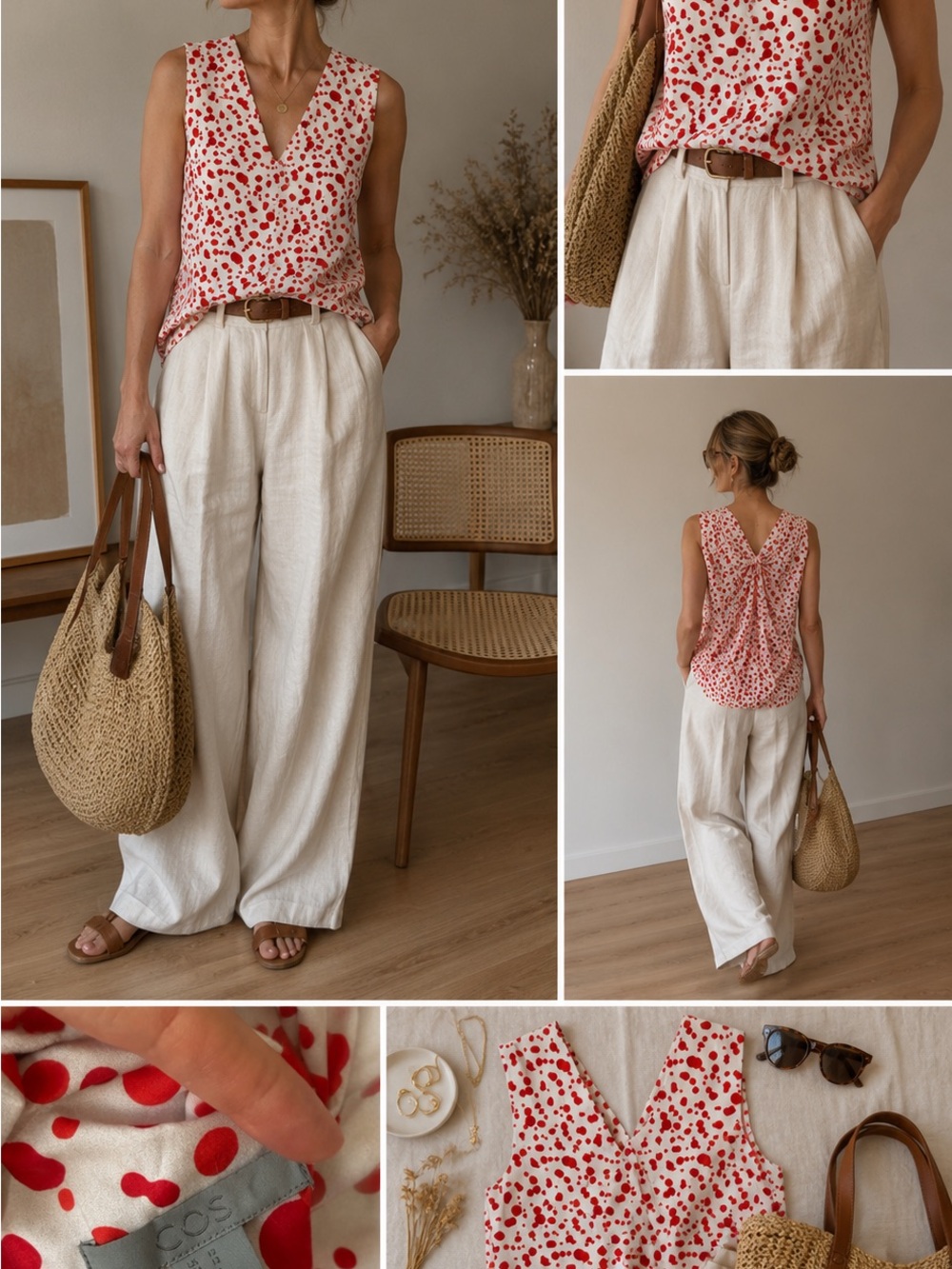 COS Red Polka Dot Sleeveless Blouse | Open Back Tie Top | Minimalist Summer Tank